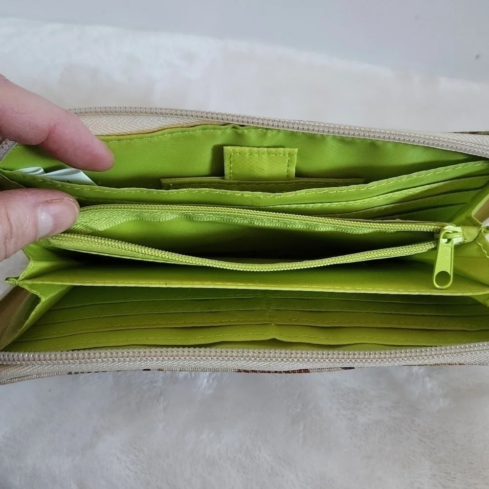 Lily Bloom Forest Owl Fox Porcupine Tan Green Zip Around Wallet
